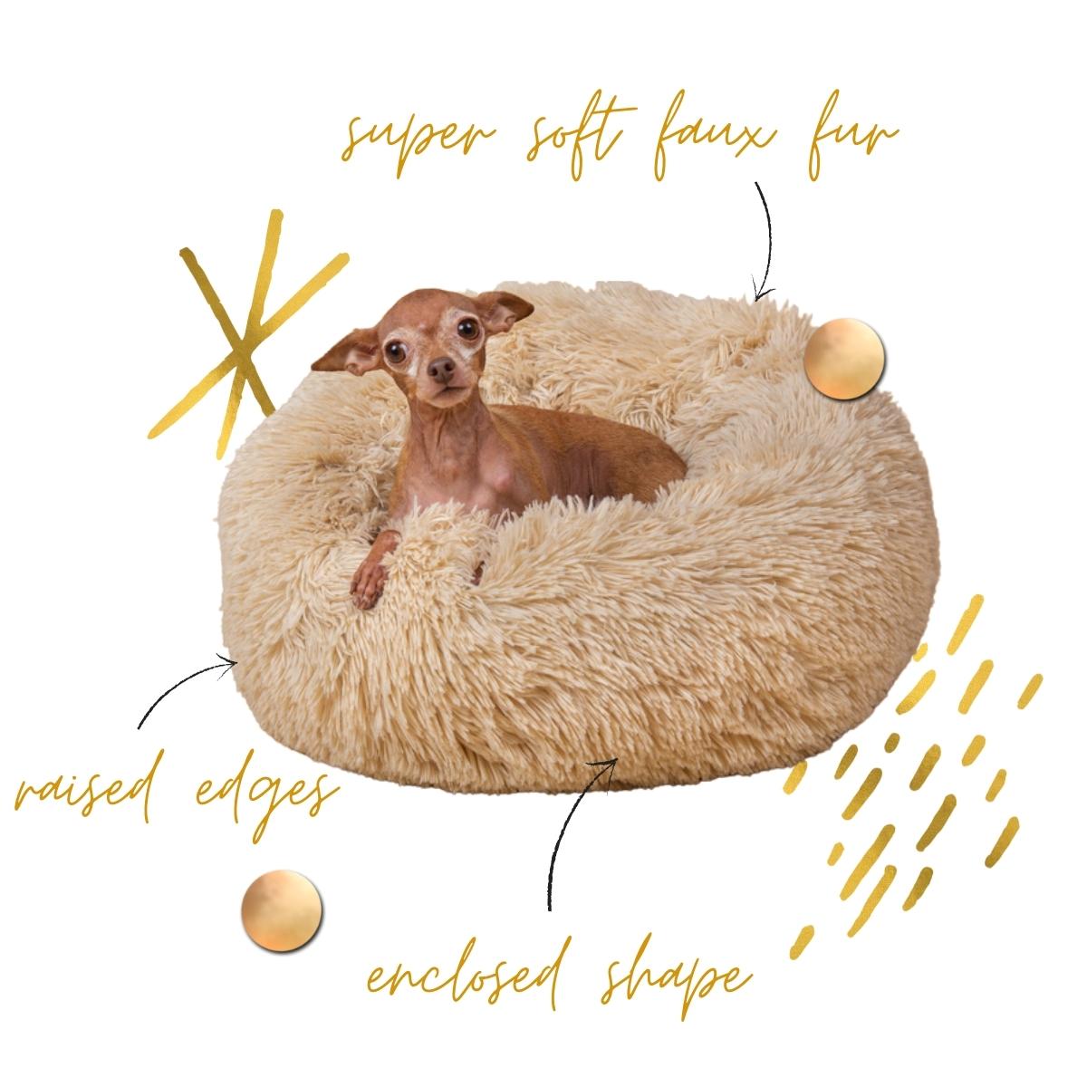 dog in calming dog bed with raised edges, faux fur and donut shape